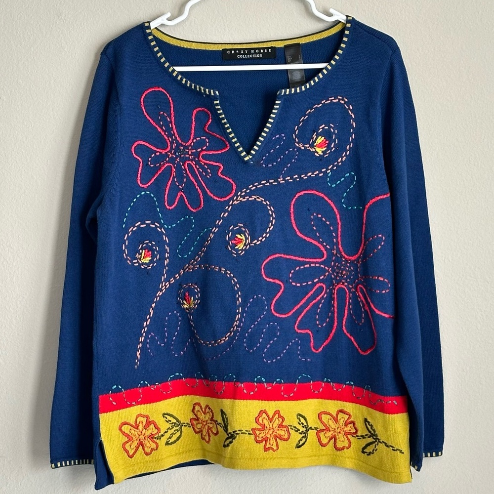 Crazy Horse Liz Claiborne‎ Multicolor Floral Embroidered Sweater Womens Large